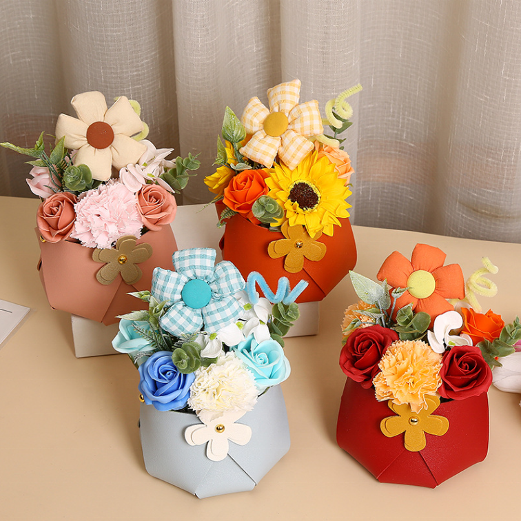 DIY leather rose bouquet preserved flowers arrangement artificial leather flower basket wedding flowers box wedding decoration