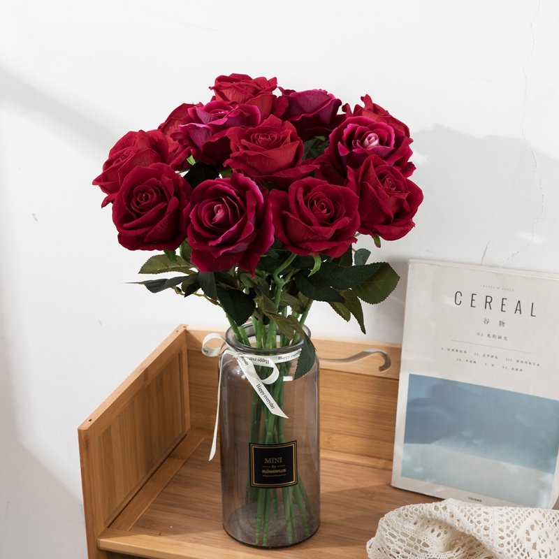 MW03332 Aritificial Velvet Rose with Stem Silk Flowers Long Stem for Home Wedding Decoration Party Valentine's Day