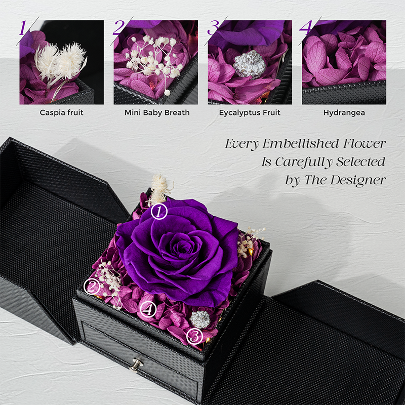 Valentines Mother Day Jewelry Box Gift Eternal Rose Gift Set Purple Preserved Rose Flowers In A Acrylic Box