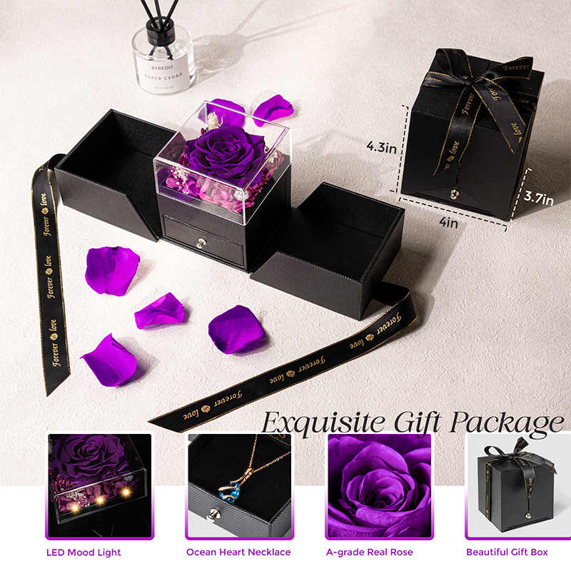 Valentines Mother Day Jewelry Box Gift Eternal Rose Gift Set Purple Preserved Rose Flowers In A Acrylic Box