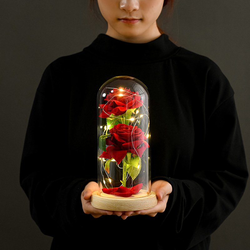 Wholesale Flowers Preserved Rose Glass Cover Gift Christmas Valentine'S Day Crafts Immortal Rose Glass Cover With Light