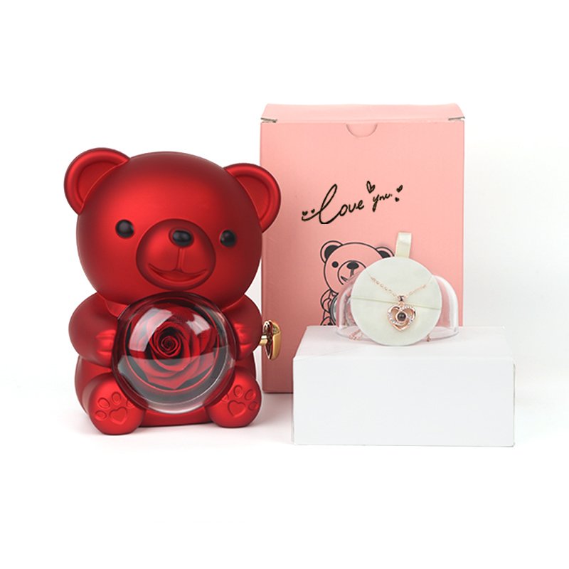 Valentine's Day Customized Logo Preserved Rose In Box Hug The Bear Gift Box