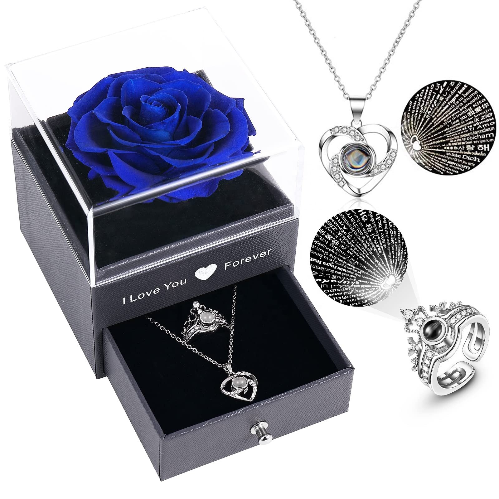 Preserved Real Rose Drawer with Heart Necklace I Love You in 100 Language jewelry case Gift Eternal Roses Forever for Valentines