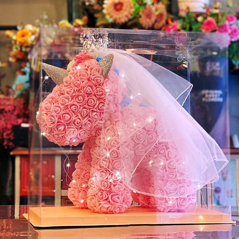YX Exquisite Immortal Rose Unicorn Gift Box New Release for Birthday Tanabata Valentine's Day Led Light Crown Veil Made of Foam
