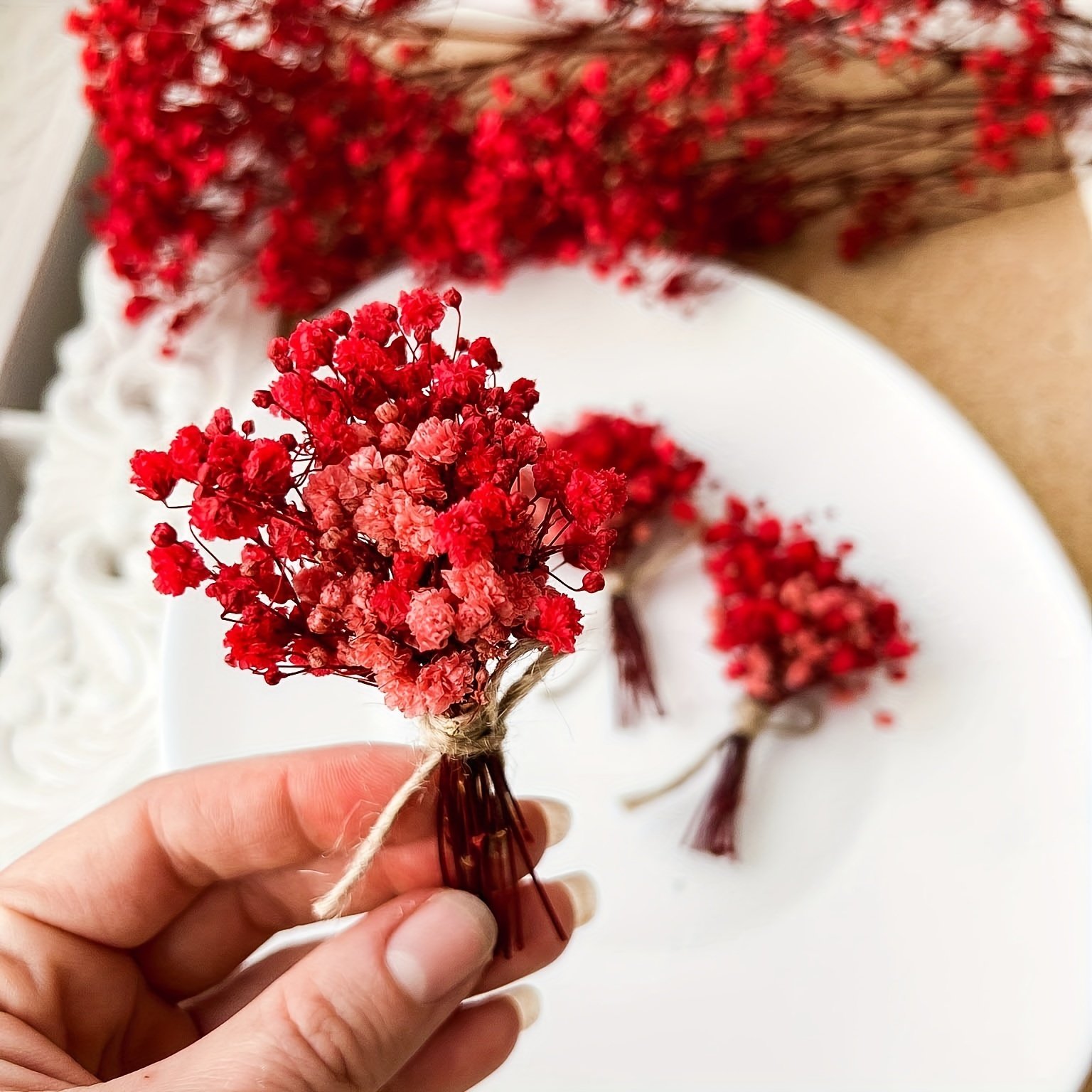 Small Bundles of Dried Red Gypsophila Mini Flowers for Wedding Invitations, Scrapbooking, Candle Making