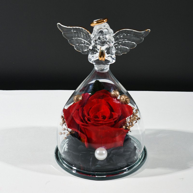 Newest Hot Immortal Flower Little Angels Gifts Eternal Preserved Rose Flower in Glass Angel Statue for Her