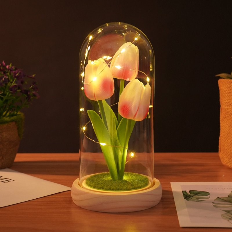 2024 Mother's Day Gift Forever Tulip Led Light String 3PCS Preserved Artificial Tulip in Glass Dome Gifts for Mom Women