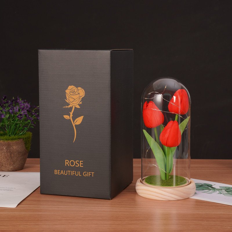 2024 Mother's Day Gift Forever Tulip Led Light String 3PCS Preserved Artificial Tulip in Glass Dome Gifts for Mom Women