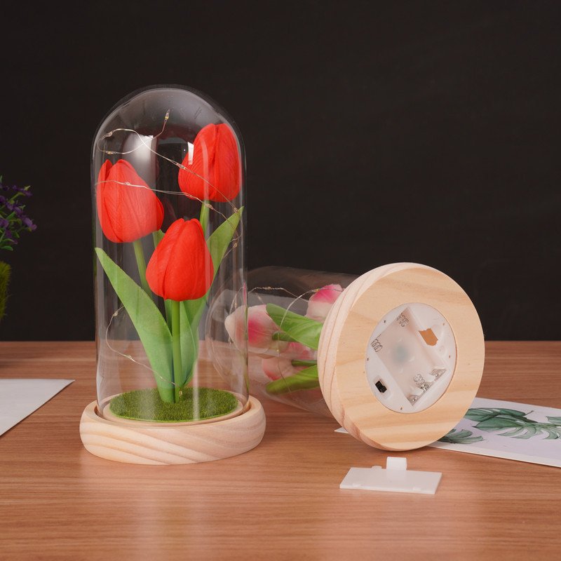 2024 Mother's Day Gift Forever Tulip Led Light String 3PCS Preserved Artificial Tulip in Glass Dome Gifts for Mom Women