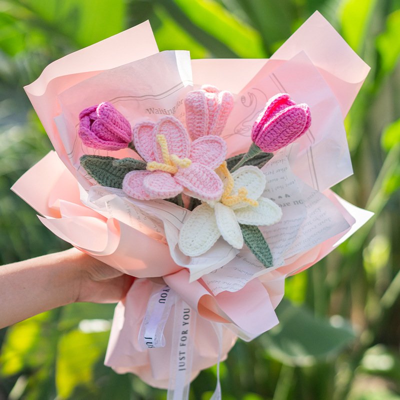 2023 New Diy Kit Yarn Crochet Material Set Daisy Tulip Bouquet Handmade Set Preserved Flower Beginners Crochet Materials Flower
