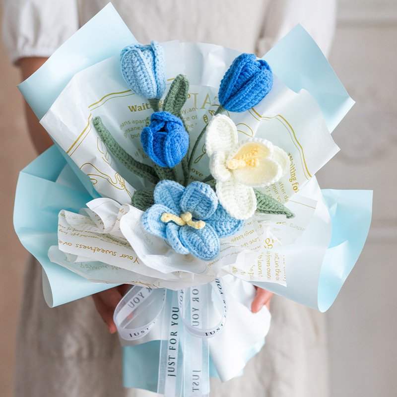 2023 New Diy Kit Yarn Crochet Material Set Daisy Tulip Bouquet Handmade Set Preserved Flower Beginners Crochet Materials Flower