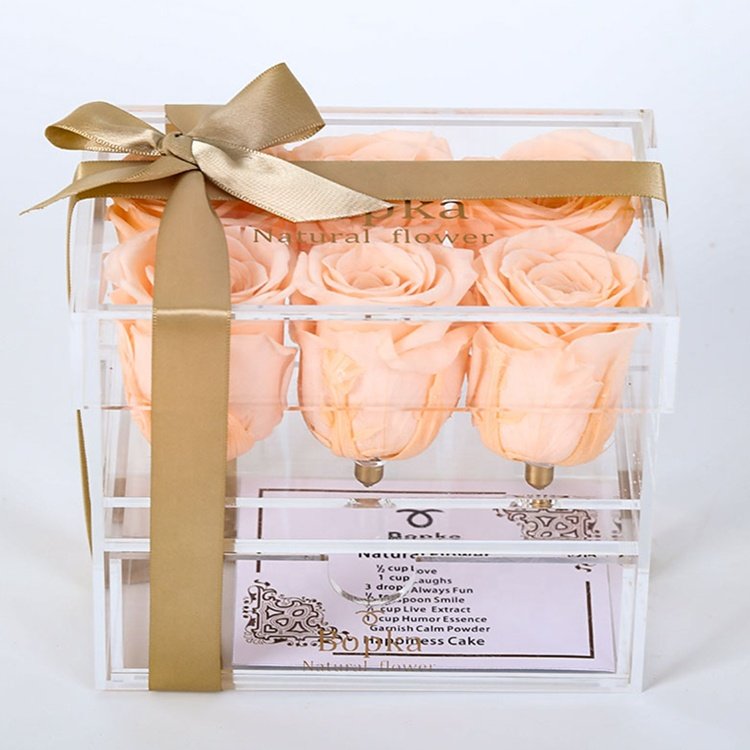 Luxury Decoration Flower Preserved Flower Display Acrylic Rose Flower Box With Drawer