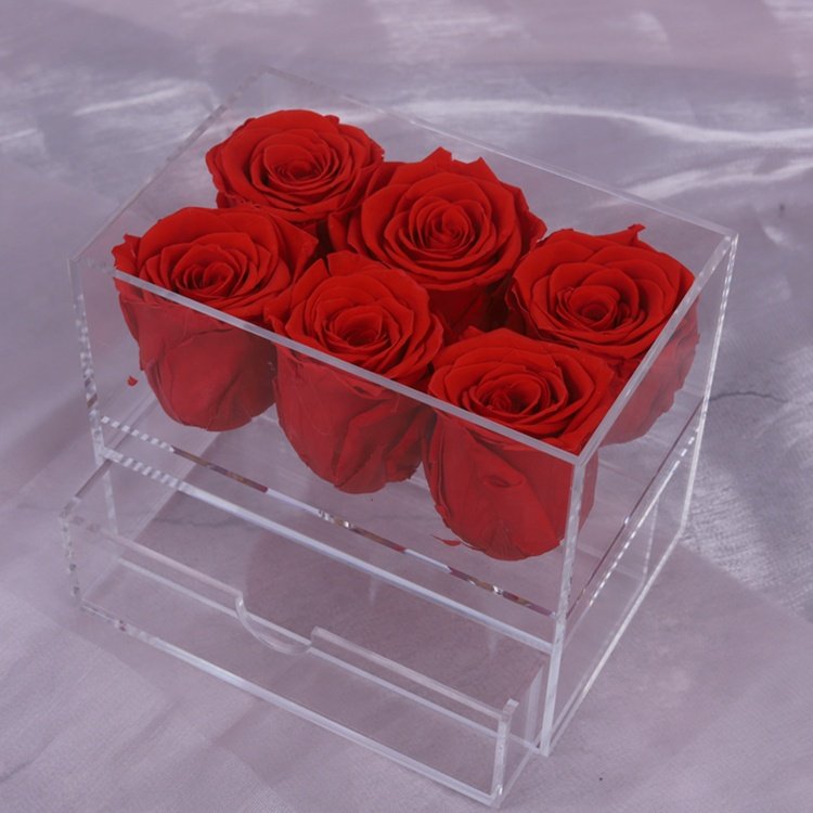 Luxury Decoration Flower Preserved Flower Display Acrylic Rose Flower Box With Drawer