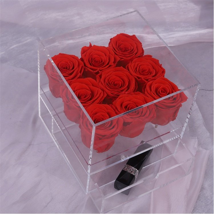 Luxury Decoration Flower Preserved Flower Display Acrylic Rose Flower Box With Drawer