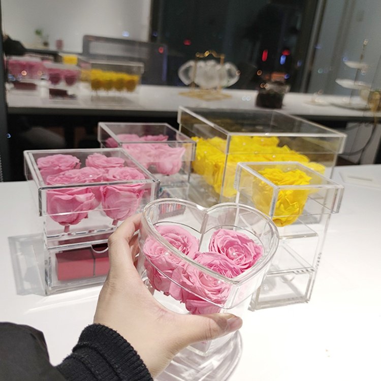 Luxury Decoration Flower Preserved Flower Display Acrylic Rose Flower Box With Drawer