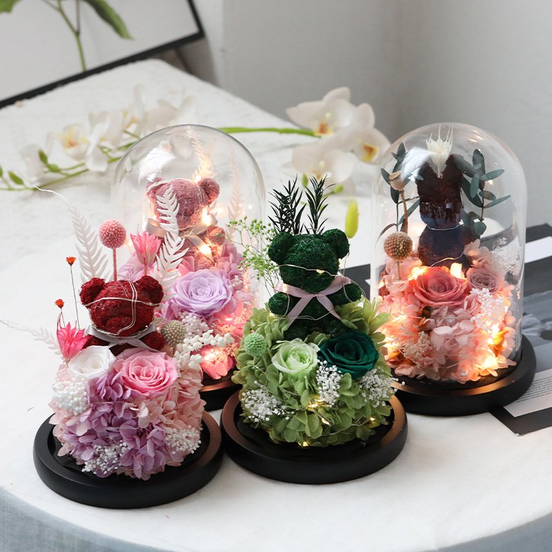 Valentine's Day Christmas Gift Moss Rose Glass Cover Creative Home Decoration Bear Eternal Flower for Girlfriend Birthday Gift