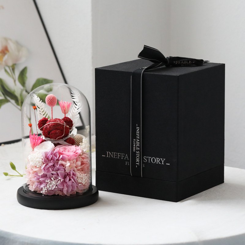 Valentine's Day Christmas Gift Moss Rose Glass Cover Creative Home Decoration Bear Eternal Flower for Girlfriend Birthday Gift