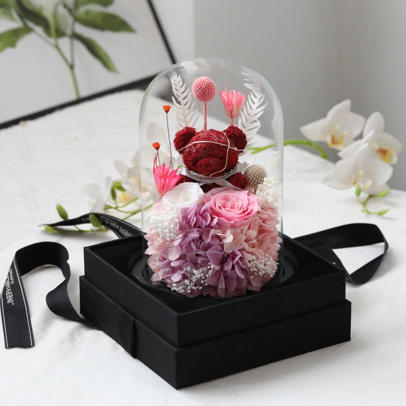Valentine's Day Christmas Gift Moss Rose Glass Cover Creative Home Decoration Bear Eternal Flower for Girlfriend Birthday Gift