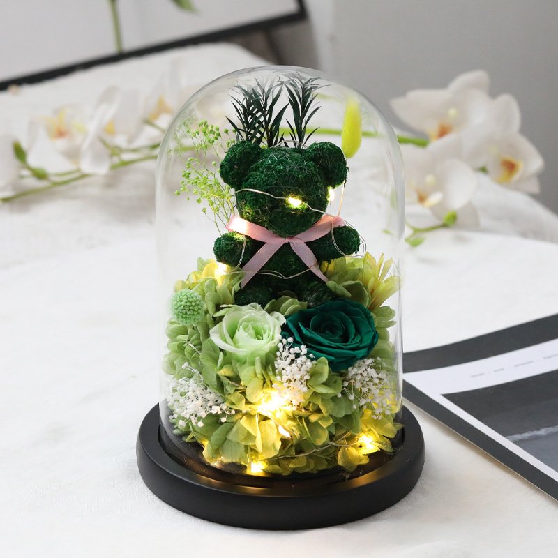 Valentine's Day Christmas Gift Moss Rose Glass Cover Creative Home Decoration Bear Eternal Flower for Girlfriend Birthday Gift