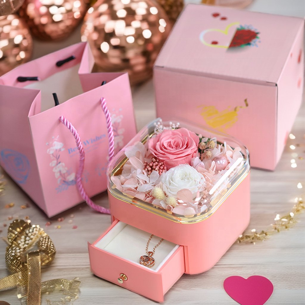 New Design Valentines Day Eternal Rose Preserved Eternal Flower Red Real Rose Box With Necklace in Drawer Box for Gifts