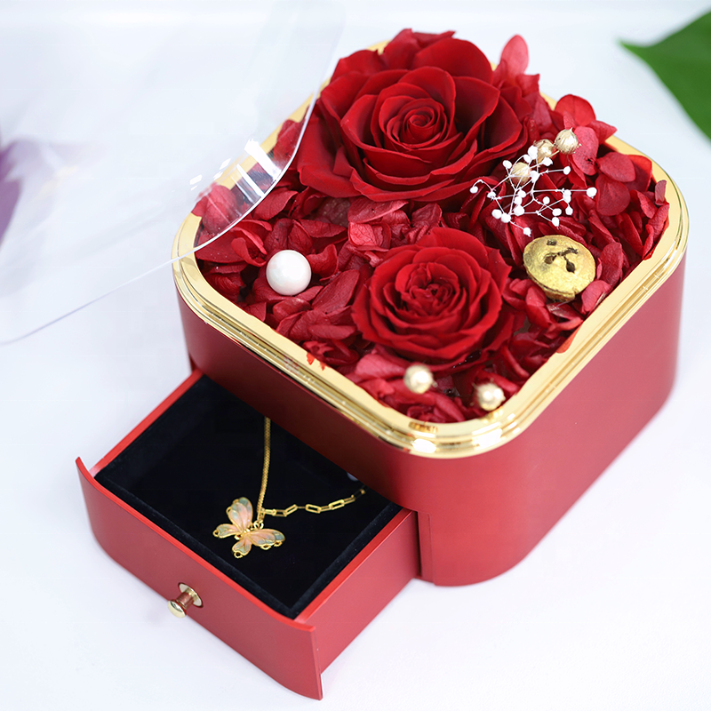 New Design Valentines Day Eternal Rose Preserved Eternal Flower Red Real Rose Box With Necklace in Drawer Box for Gifts