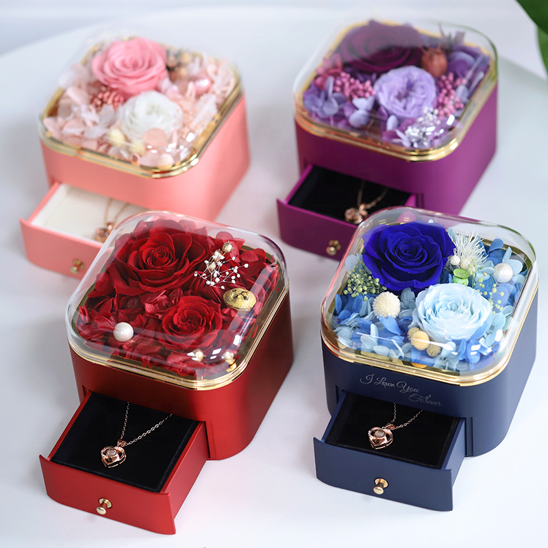 New Design Valentines Day Eternal Rose Preserved Eternal Flower Red Real Rose Box With Necklace in Drawer Box for Gifts