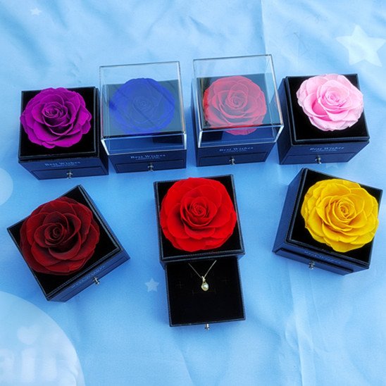 Suppliers Wholesale Preserved Rose Jewelry Gifts Everlasting Real Roses Preserved Flower In Acrylic Crystal Necklace Box