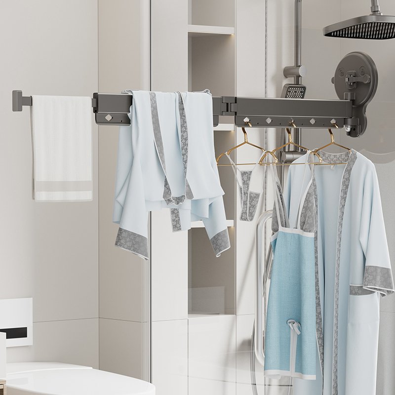 Retractable Clothes Drying Rack Suction Cup Clothing Hanger Organizer Collapsible(Tri-Fold) Laundry Wall Mounted Drying Rack