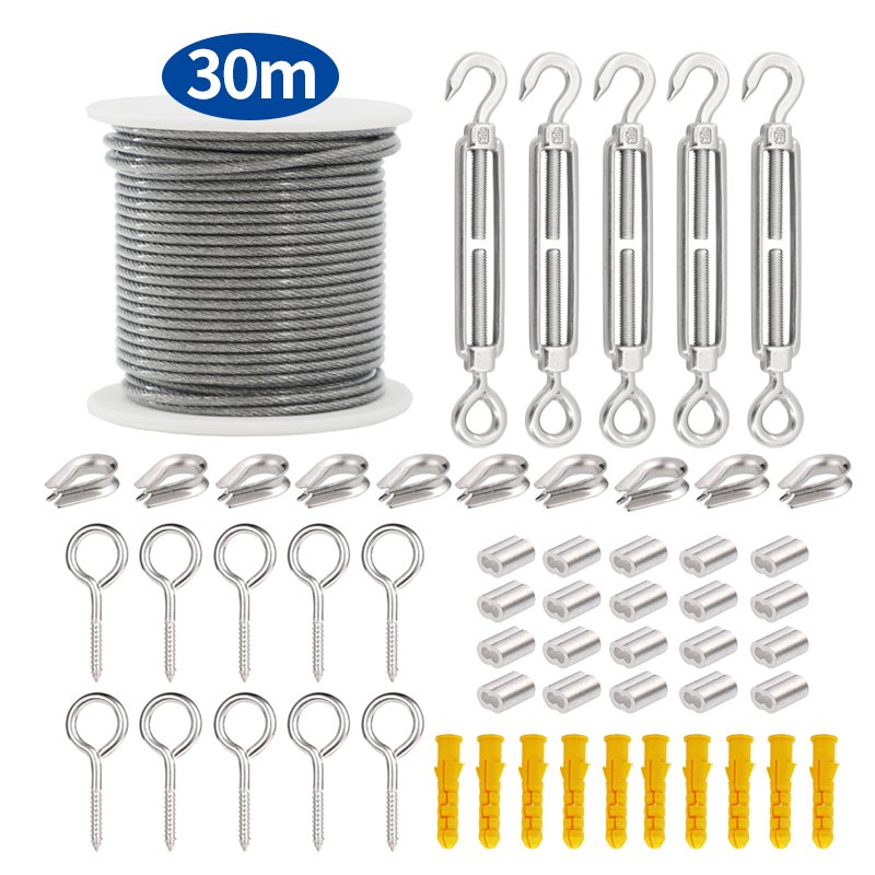 56PCS/Set 30 Meter Steel PVC Coated Flexible Wire Rope Soft Cable Transparent Stainless Steel Clothesline Diameter 2mm Kit