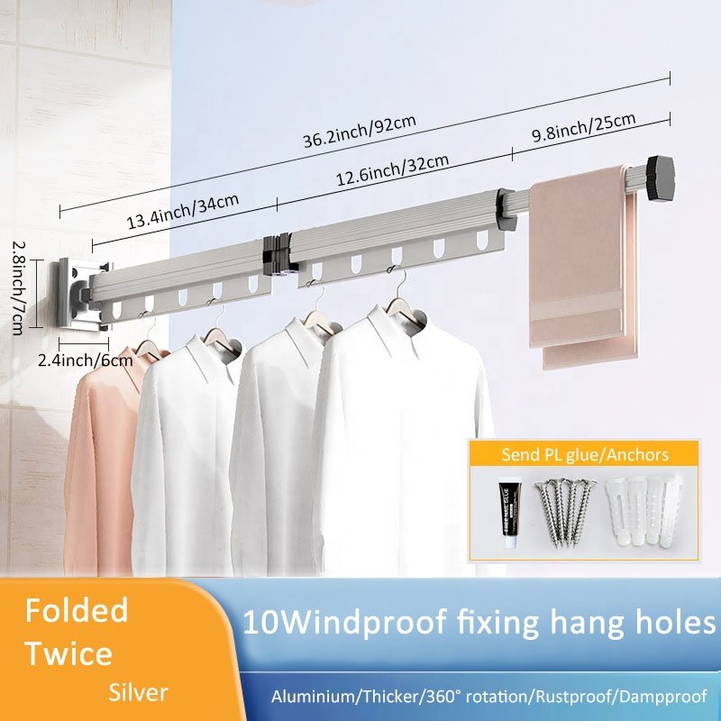 Laundry Clothesline Retractable Cloth Hook Drying Rack Folding Wall Mounted Clothes