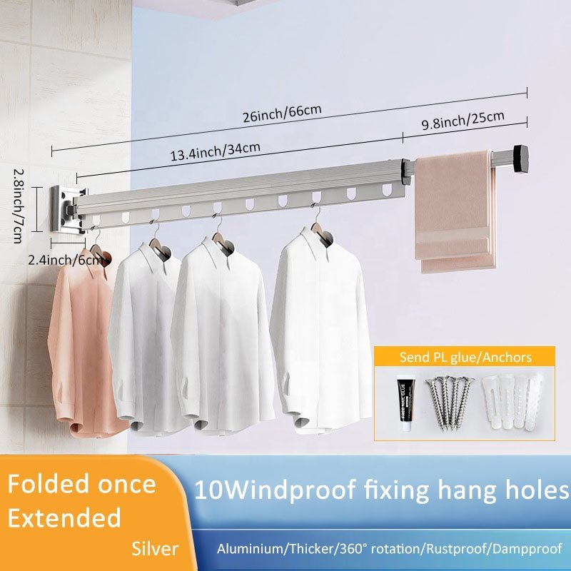 Laundry Clothesline Retractable Cloth Hook Drying Rack Folding Wall Mounted Clothes