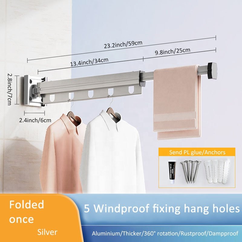 Laundry Clothesline Retractable Cloth Hook Drying Rack Folding Wall Mounted Clothes