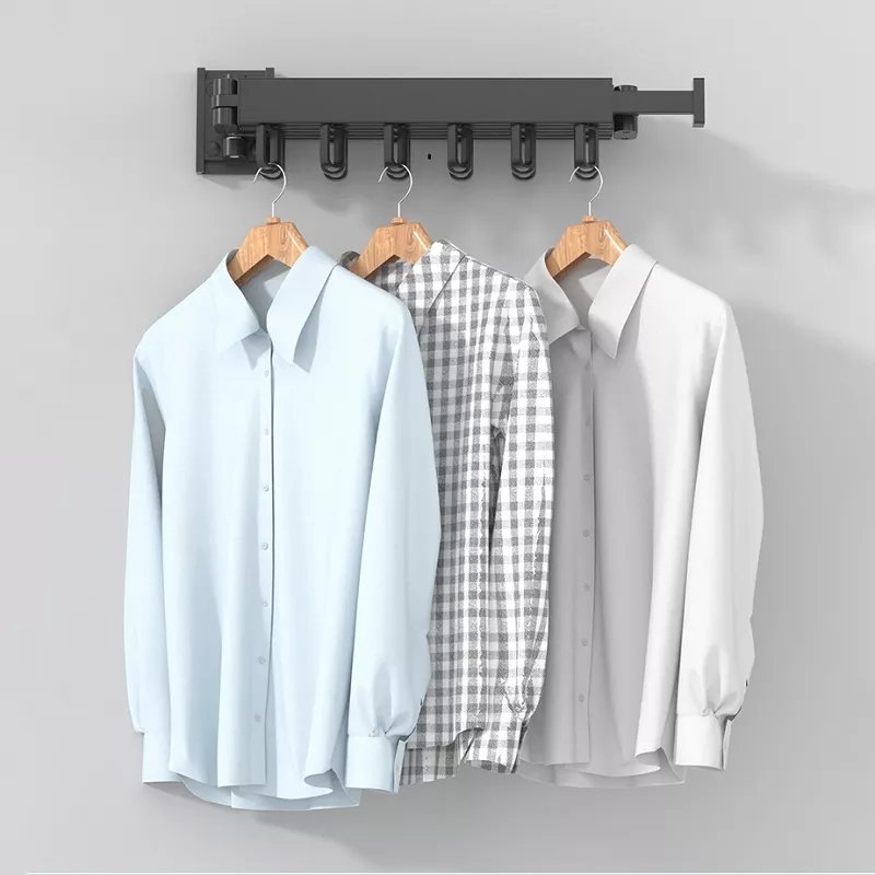 GG27 Aluminum Laundry Clothesline Stainless Steel Retractable Cloth Hook Drying Rack Folding Wall Mounted Clothes Hanger Rack