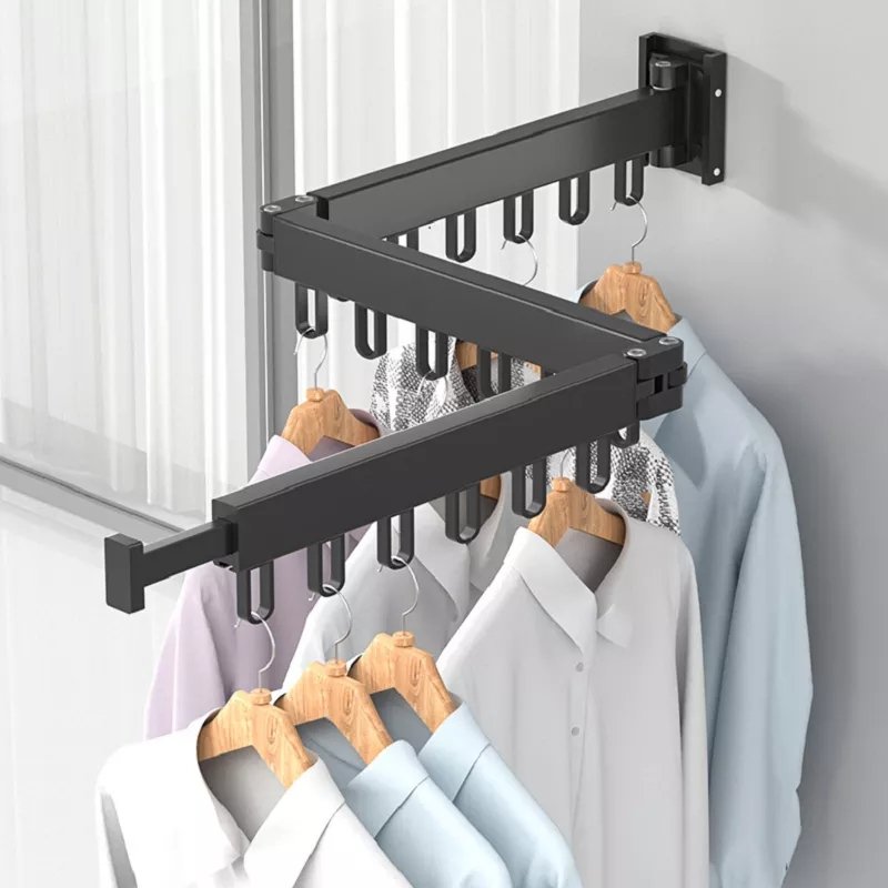 GG27 Aluminum Laundry Clothesline Stainless Steel Retractable Cloth Hook Drying Rack Folding Wall Mounted Clothes Hanger Rack