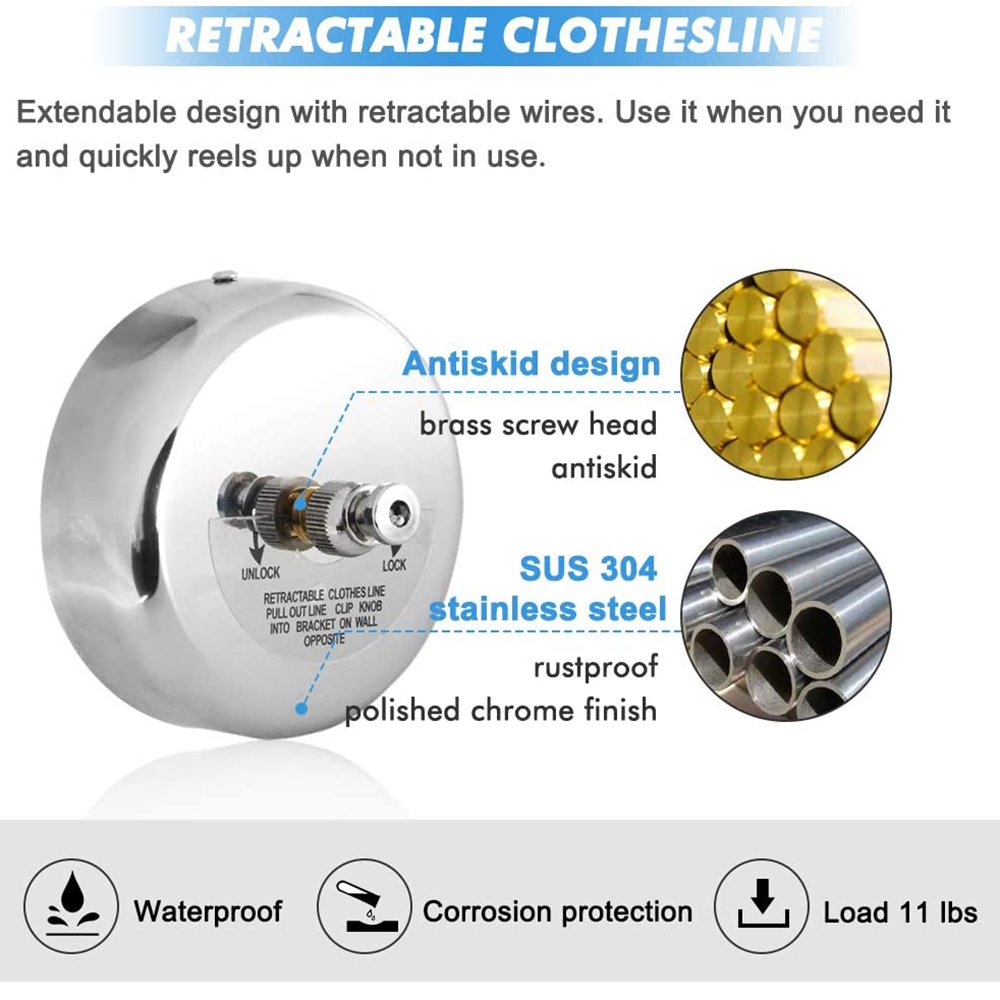 Retractable Clothesline Stainless Steel Core Clothes Dryer for Hanging Drying Shower Room Bathroom Laundry Hotel Outdoor