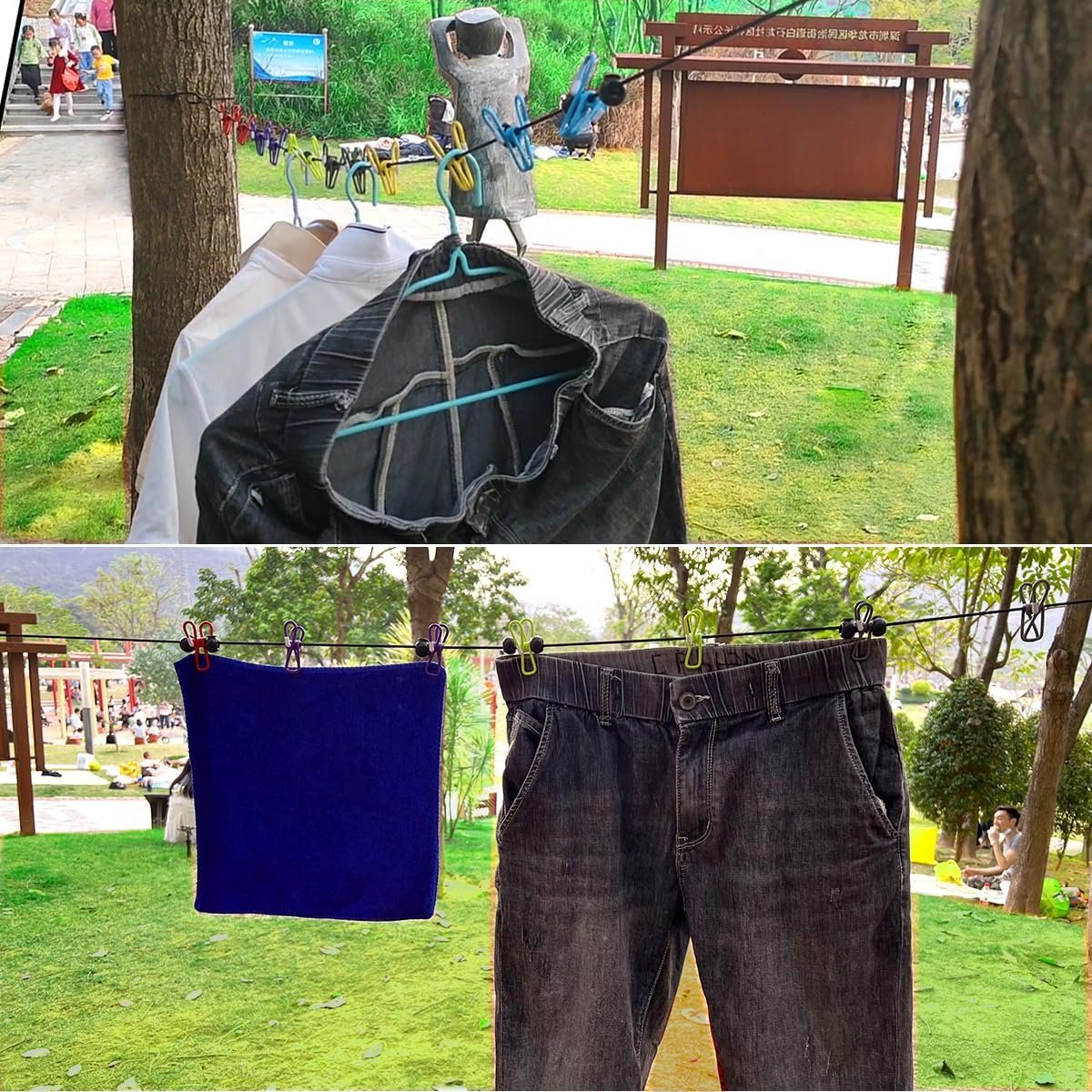 Camping Retractable Clothesline,Adjustable 32ft/10M Camping Clothesline,with 10 Windproof Clothespins,10 Stoppers