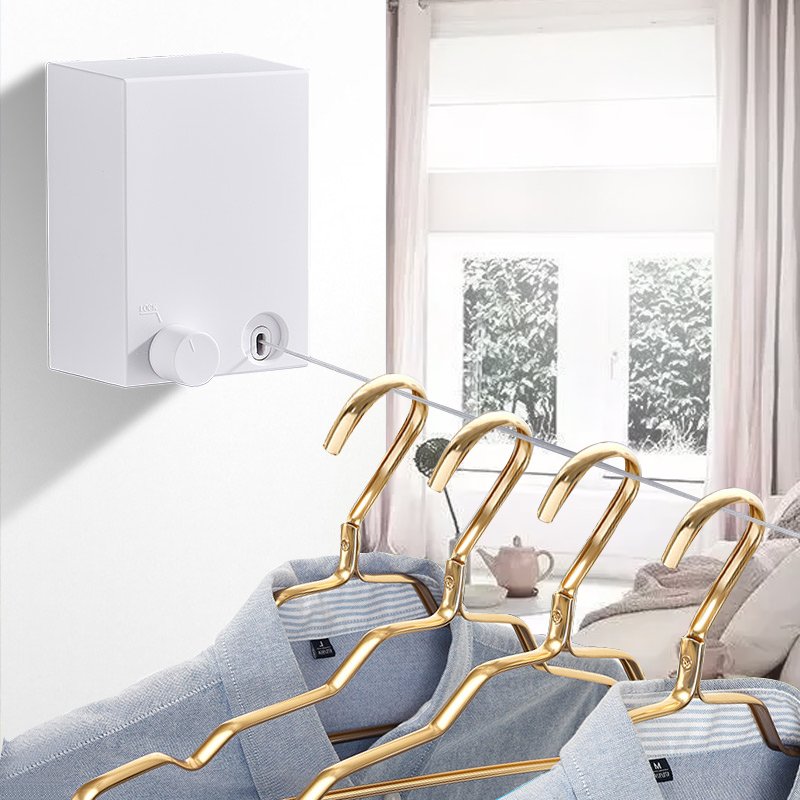 Clothes Drying Laundry Line 4.2m Wire Retractable Rope Balcony Shrinkable Indoor Outdoor Clothesline Wall White Black