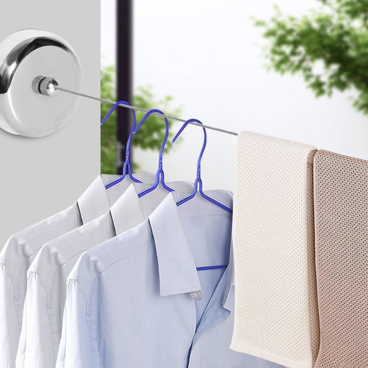 2.3m 7.5FT Wall Mounted Stainless Steel Retractable Clothesline Washing Line with Steel String / Wire / Rope