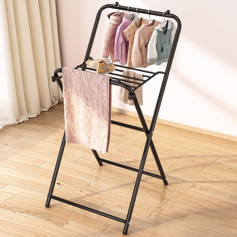 household installation-free Laundry display rack update Winged Foldable 2 Layers clotheslines carbon steel Stand Drying Rack