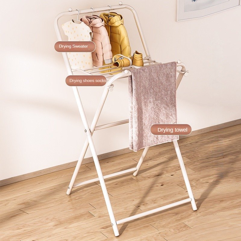 household installation-free Laundry display rack update Winged Foldable 2 Layers clotheslines carbon steel Stand Drying Rack