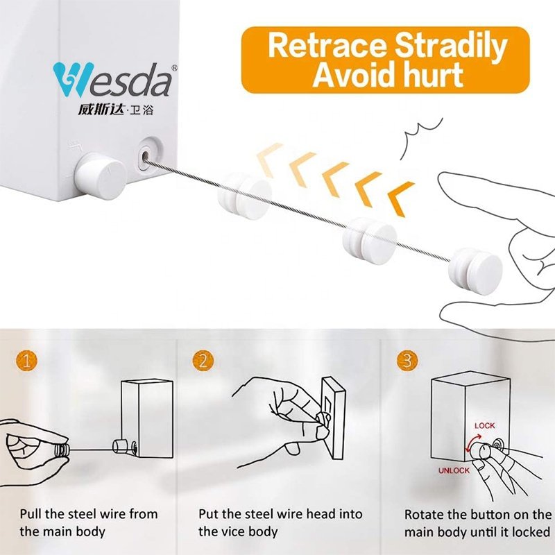 WESDA Indoor Outdoor Retractable Clothesline Laundry Adjustable Drying Rope Wire Dryer Retracting Clothes Line