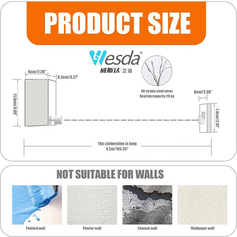 WESDA Indoor Outdoor Retractable Clothesline Laundry Adjustable Drying Rope Wire Dryer Retracting Clothes Line