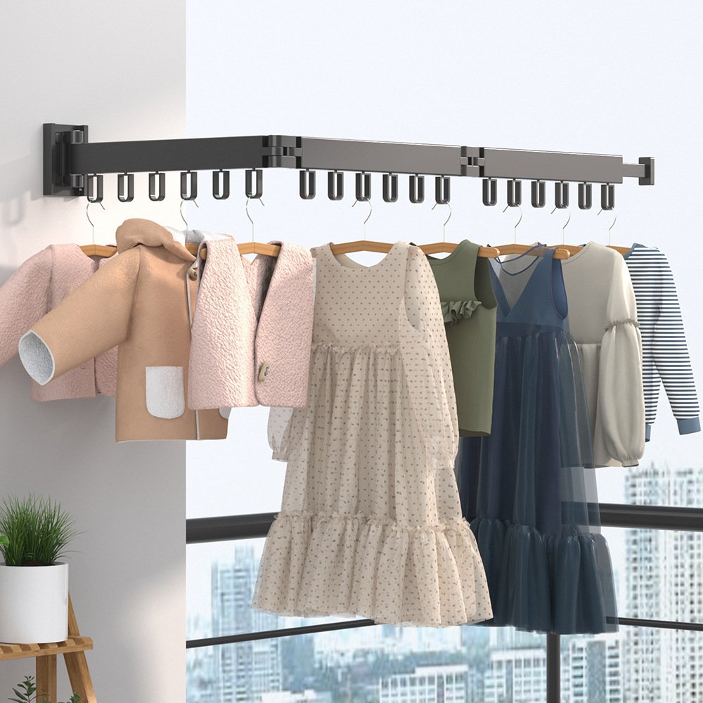 Folding Clothes Hanger Wall Mount Retractable Cloth Drying Rack Space Saving Aluminum Extend Clothes Drying Rack