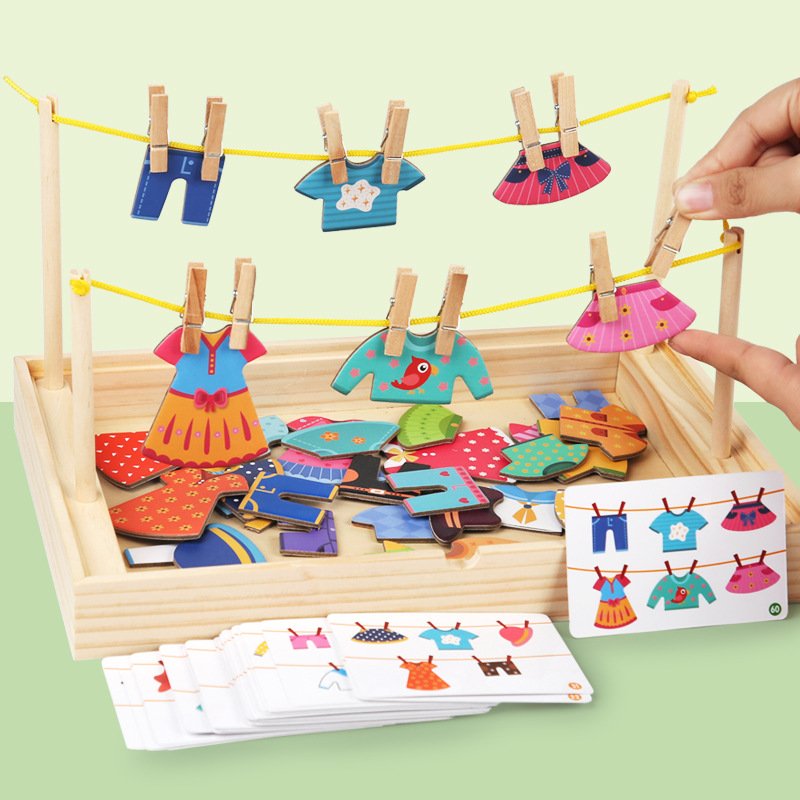 Children's Change One's Clothes Toys Clothesline Drying Sets for Boys and Girls Playing House Early Education Wood Toys for Kids