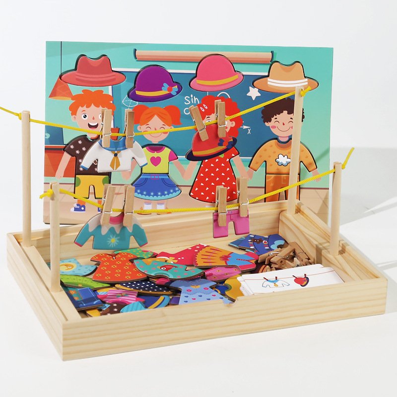 Children's Change One's Clothes Toys Clothesline Drying Sets for Boys and Girls Playing House Early Education Wood Toys for Kids