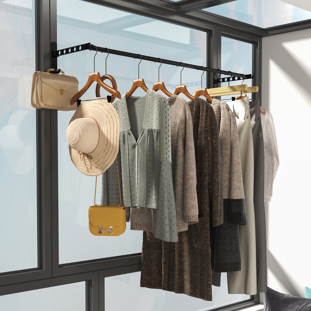 GG27 Aluminum Laundry Clothesline Stainless Steel Retractable Cloth Hook Drying Rack Folding Wall Mounted Clothes Hanger Rack