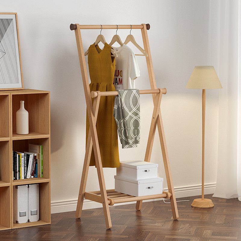 Solid Wood Floor Clothes Rack Storage Rack Japanese-Style Multifunctional Household Indoor Bedside Folding Clothes Hanger