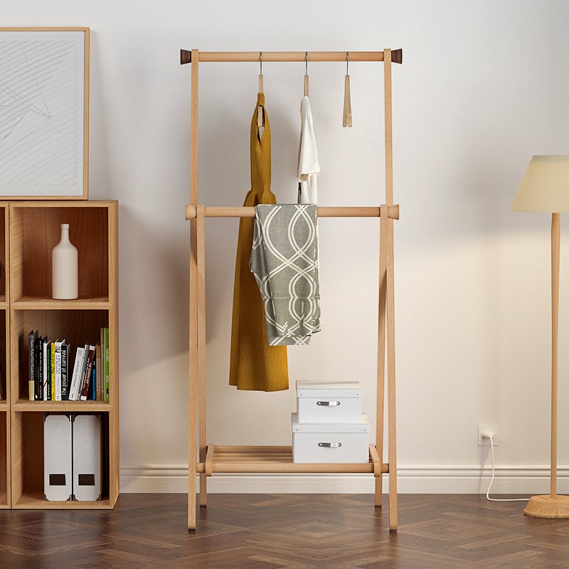 Solid Wood Floor Clothes Rack Storage Rack Japanese-Style Multifunctional Household Indoor Bedside Folding Clothes Hanger