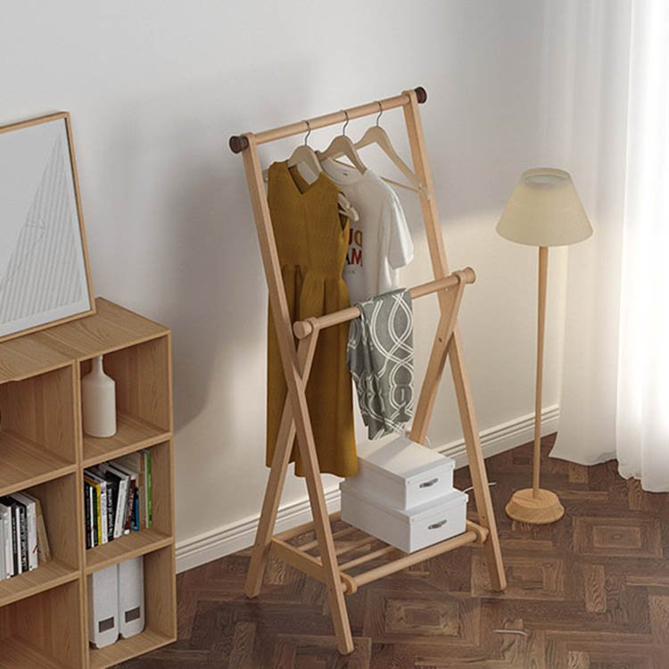 Solid Wood Floor Clothes Rack Storage Rack Japanese-Style Multifunctional Household Indoor Bedside Folding Clothes Hanger