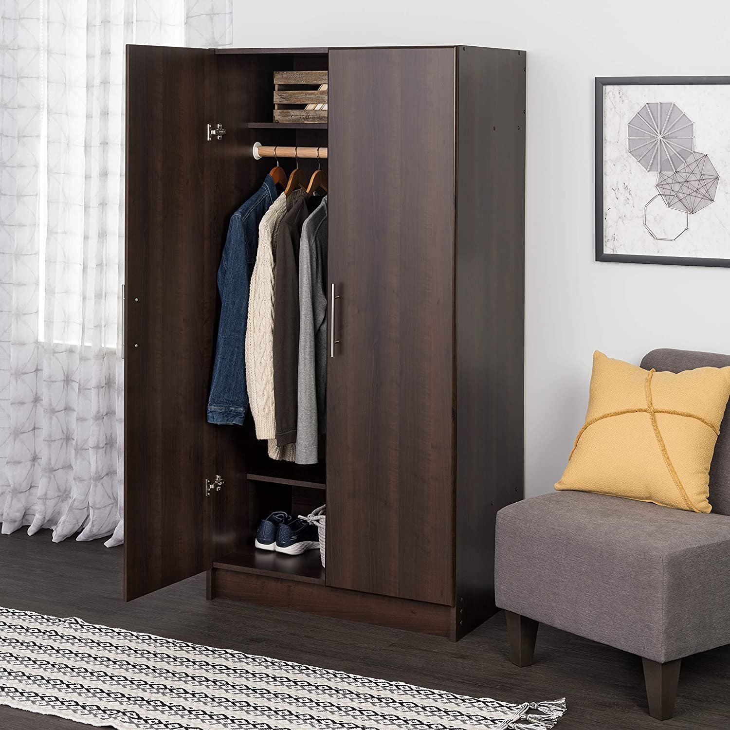 Modern Wooden Particle Board 2 Door Wardrobe Closet With Shelf Storage Clothesline Pole For Bedroom Customized